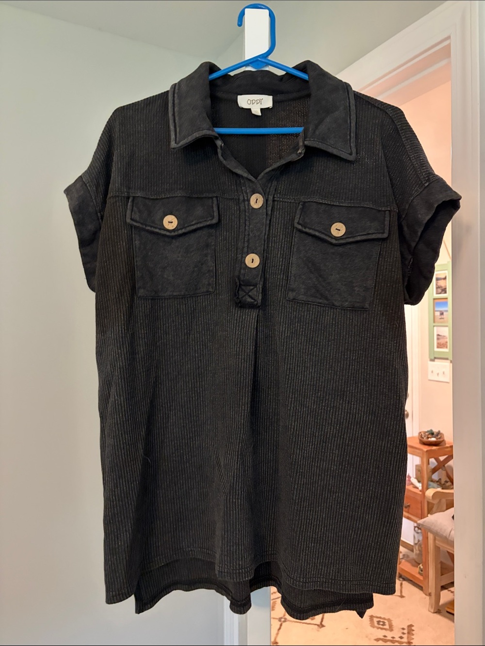 ODDY Black Textured Knit Top with Collar